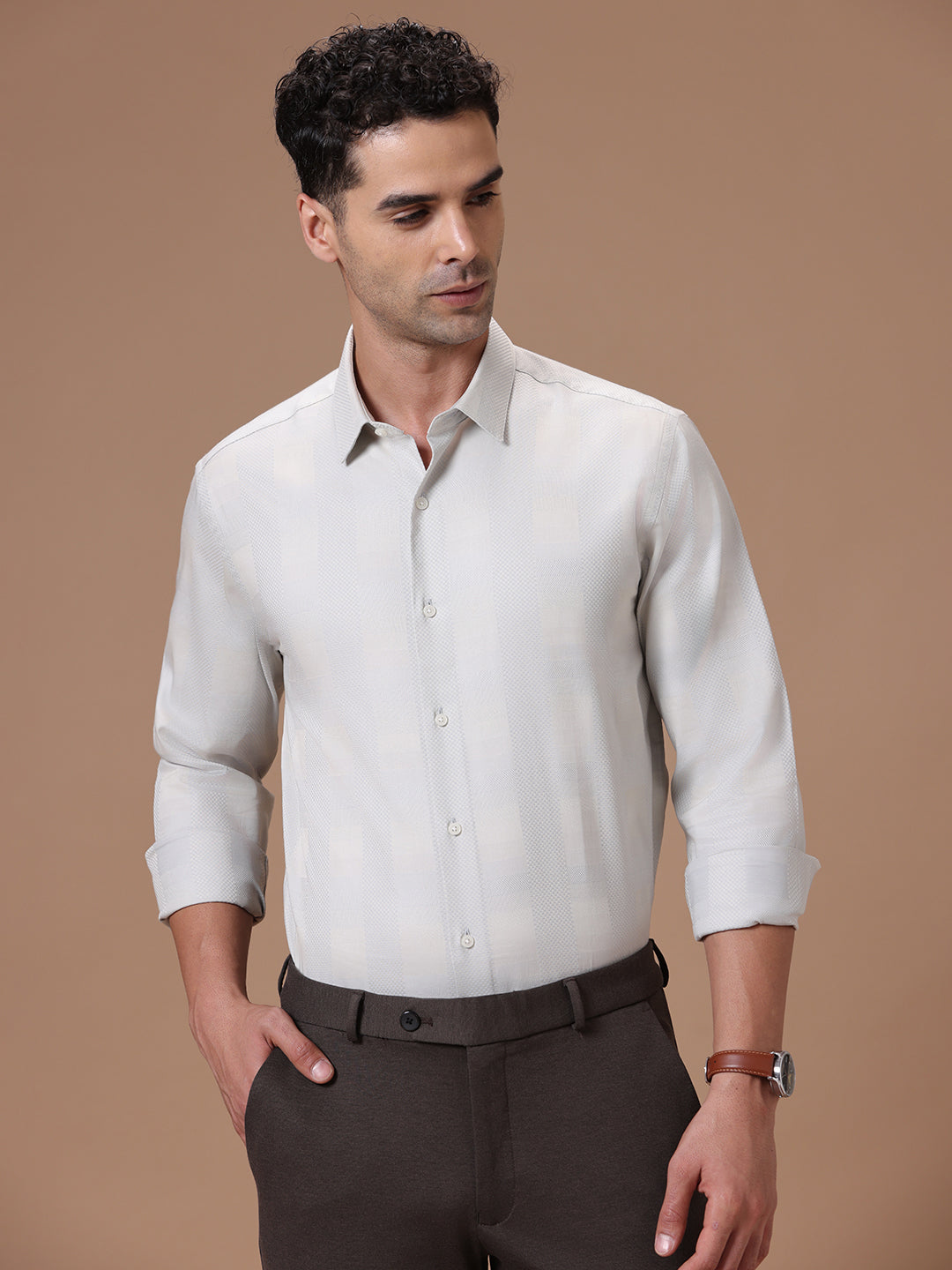 Slim Fit Check Chintz Cream Smart Casual Supima Cotton Shirt (RISH)