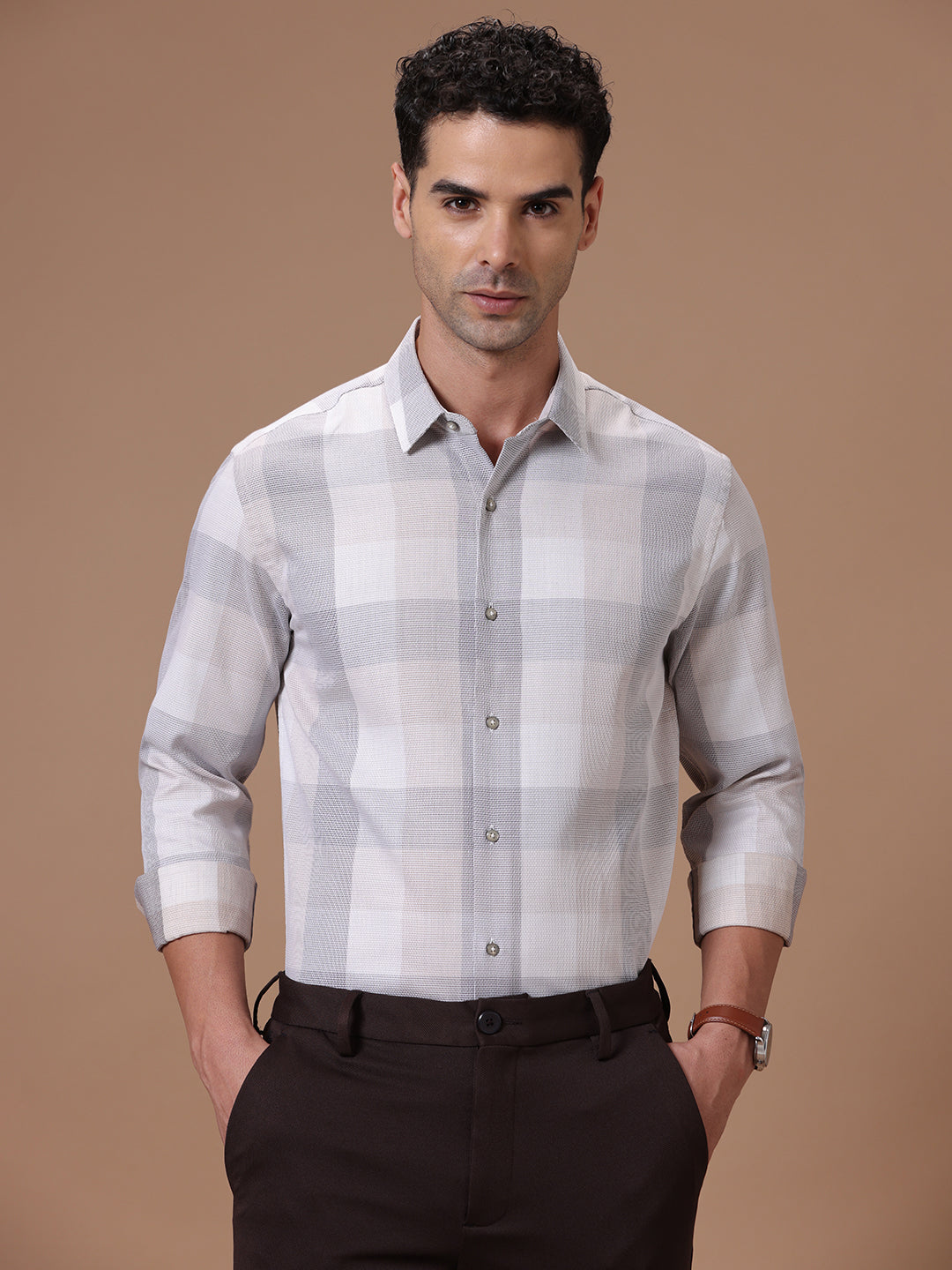 Slim Fit Check Sea Fog Smart Casual Supima Cotton Shirt (BRANT)