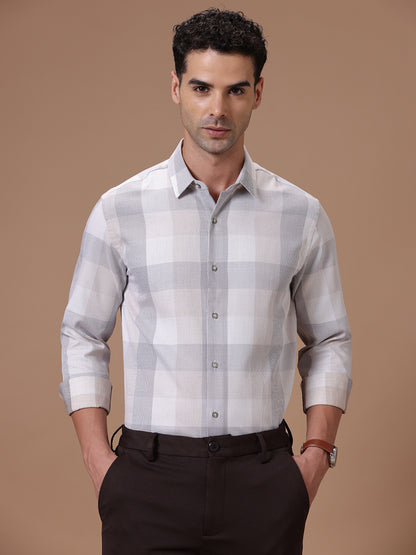 Slim Fit Check Sea Fog Smart Casual Supima Cotton Shirt (BRANT)