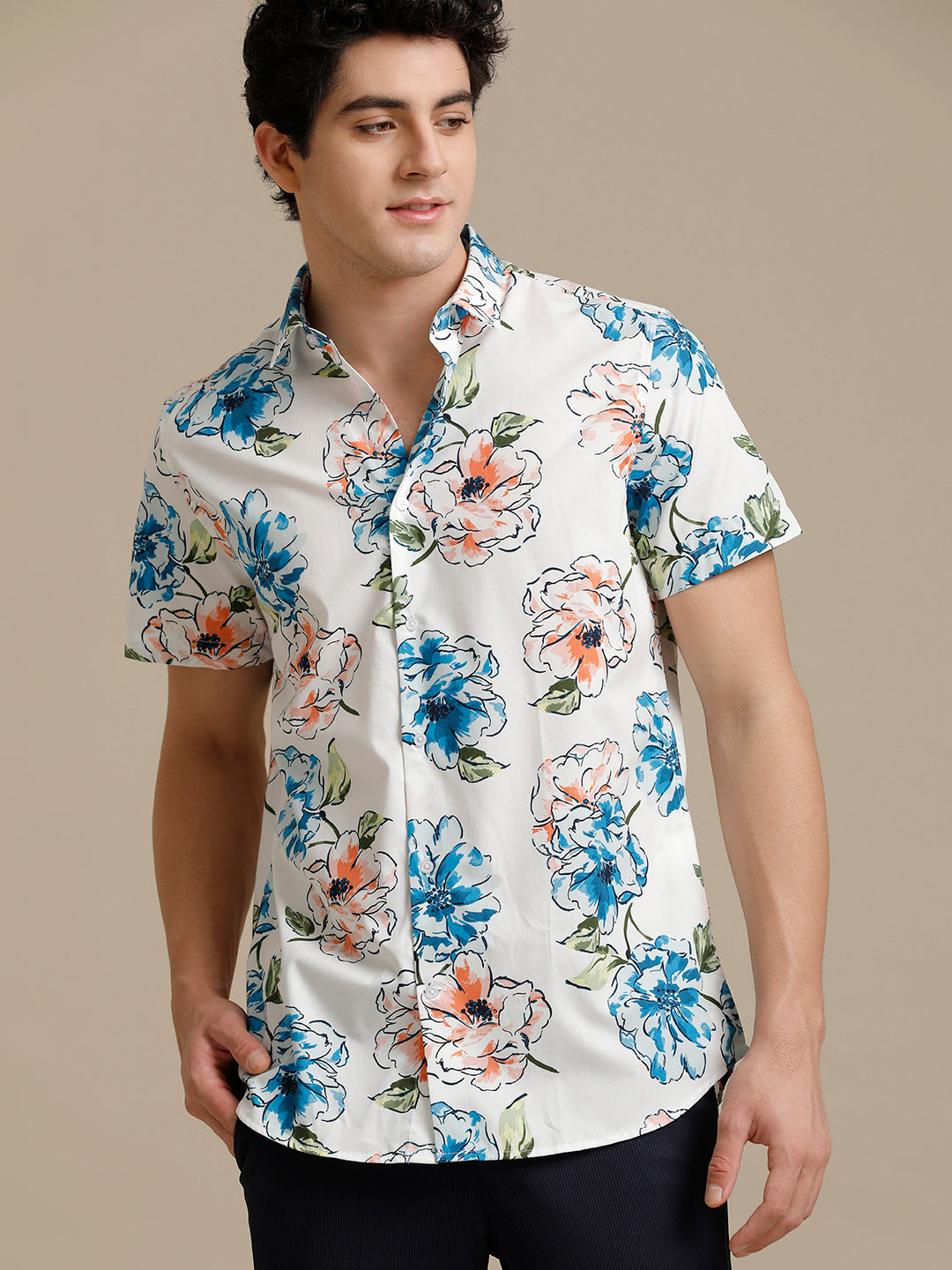 Blue Orange Hibiscus Short Sleeve Shirt