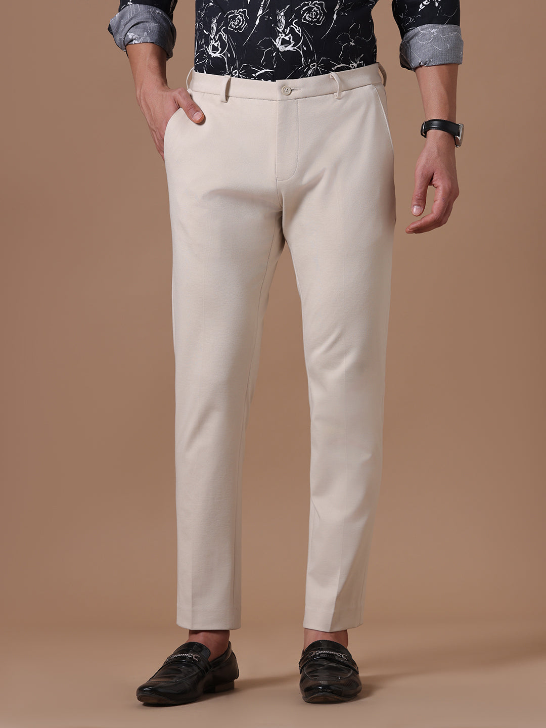 Knitted Slim Fit Light Beige Formal Stretch Trouser (TAHLIA)