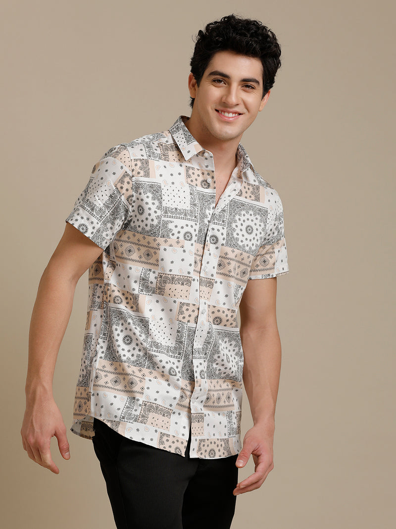 Beige White Block Print Short Sleeve Shirt