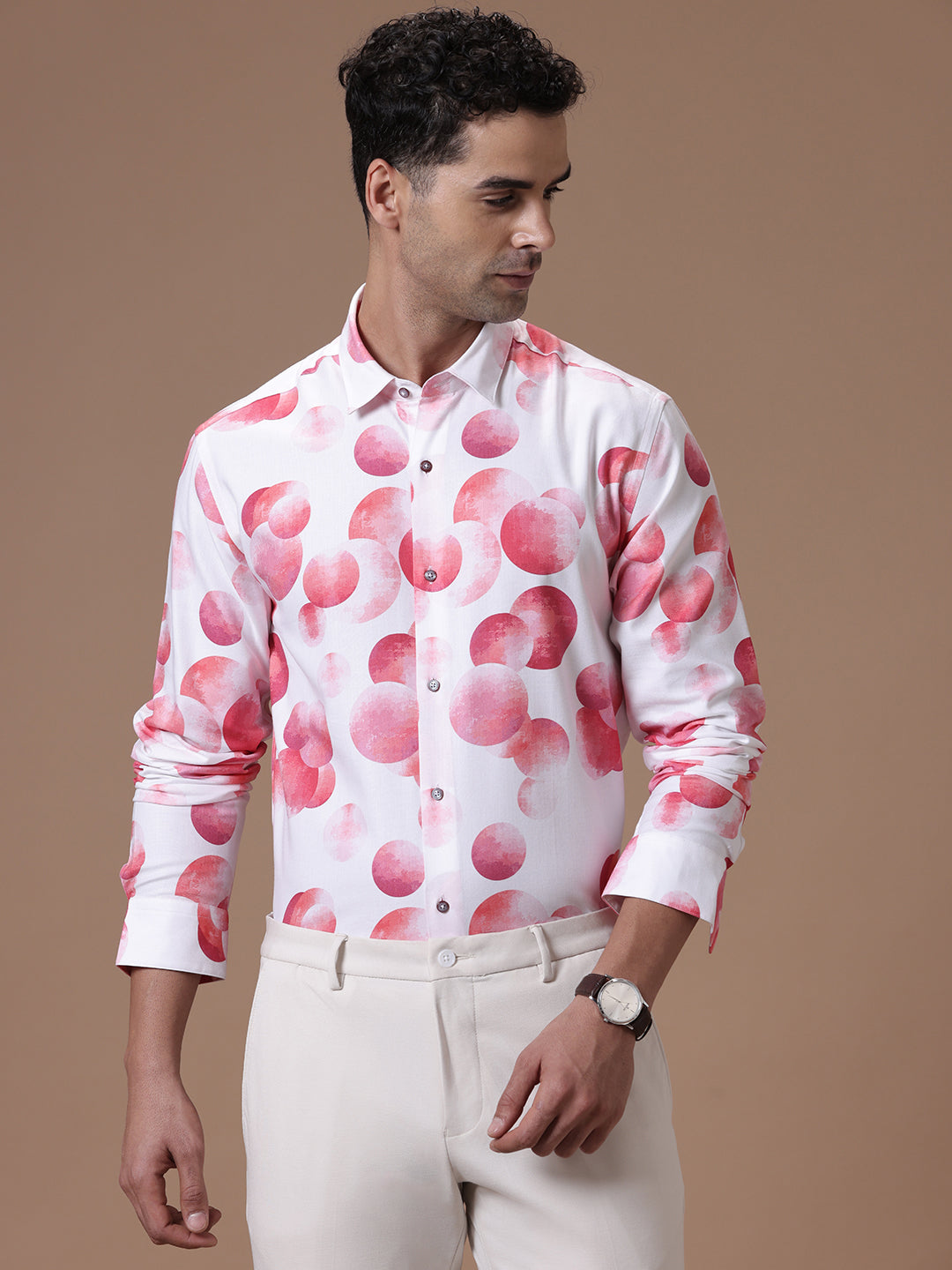 Comfort fit Cotton Viscose Printed Pink Smart casual Full sleeve Shirt (TANGO)