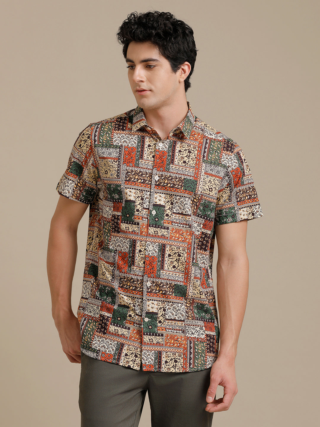 Orange Green Block Print Short Sleeve Shirt