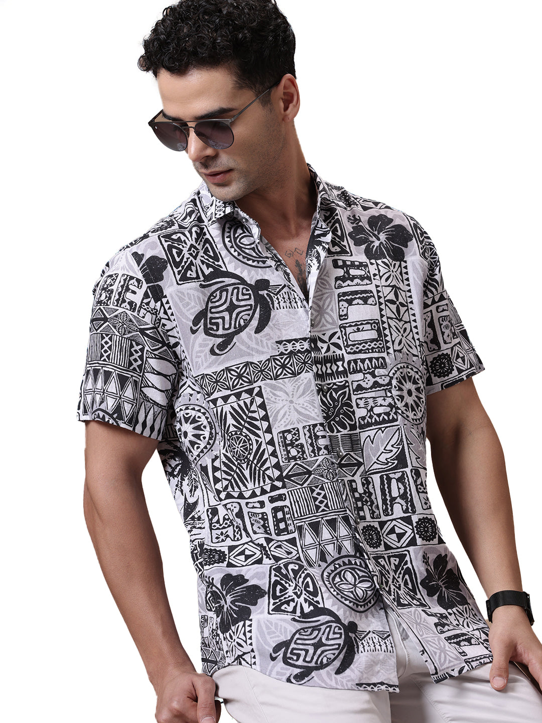 Comfort fit Printed Grey Smart casual Tencel Linen Half sleeve Shirt