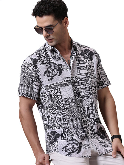 Comfort fit Printed Grey Smart casual Tencel Linen Half sleeve Shirt