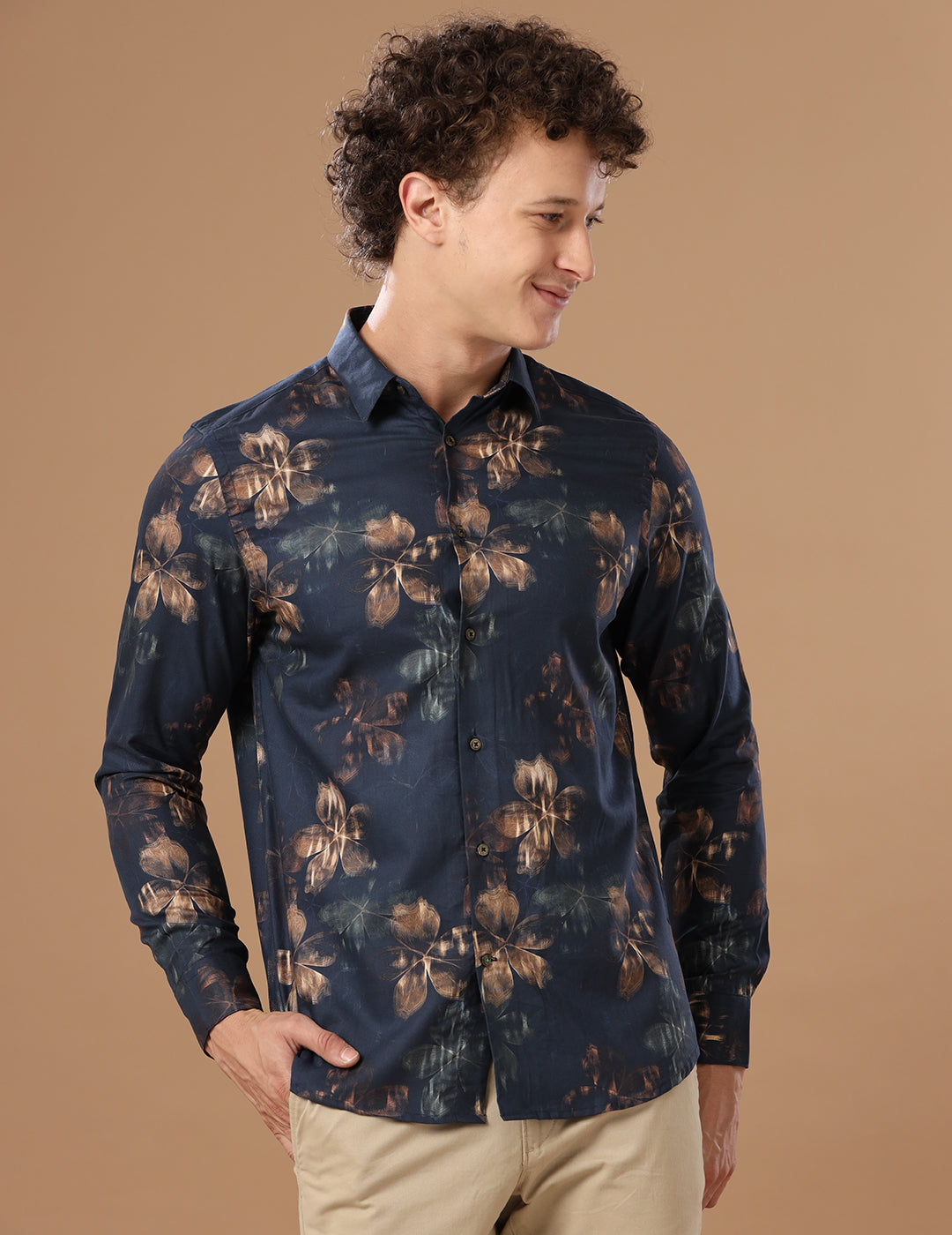 Comfort Fit Printed Dark Navy Smart Casual Cotton Tencel Shirt (LANE)