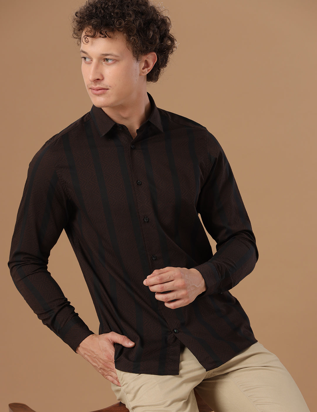 Comfort Fit Striped Chestnut Smart Casual Cotton Shirt (RICKY)