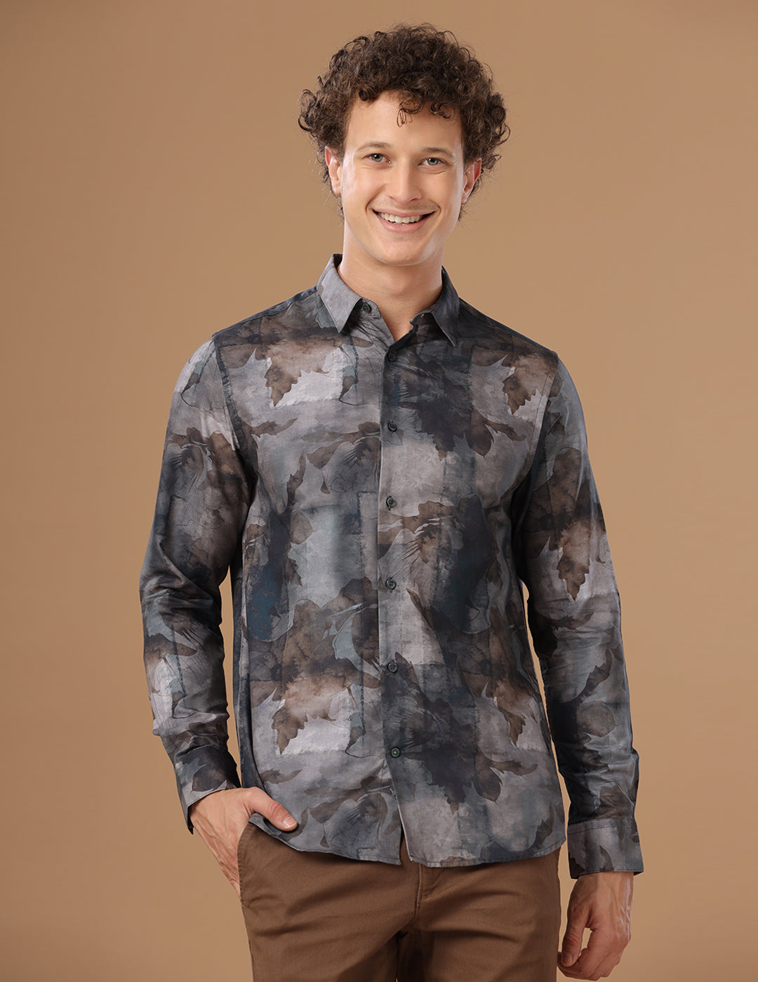 Comfort Fit Printed Lead Smart Casual Cotton Tencel Shirt (CHANTRY)