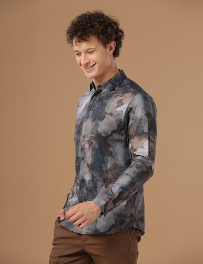 Comfort Fit Printed Lead Smart Casual Cotton Tencel Shirt (CHANTRY)