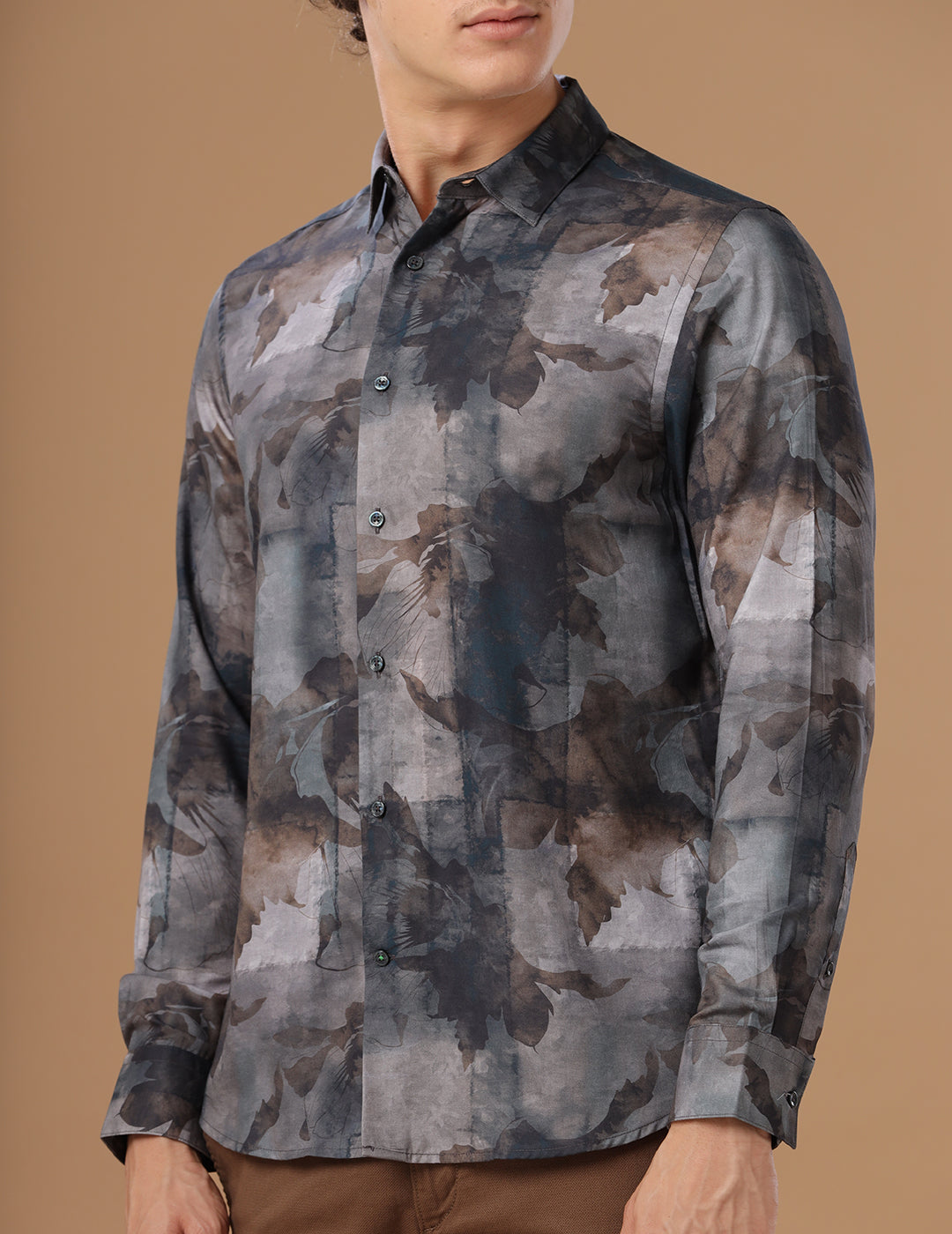 Comfort Fit Printed Lead Smart Casual Cotton Tencel Shirt (CHANTRY)