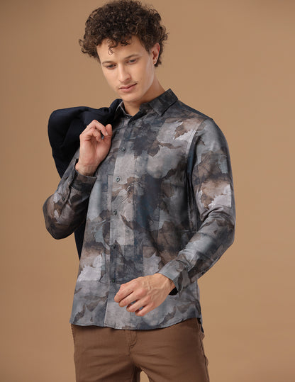 Comfort Fit Printed Lead Smart Casual Cotton Tencel Shirt (CHANTRY)