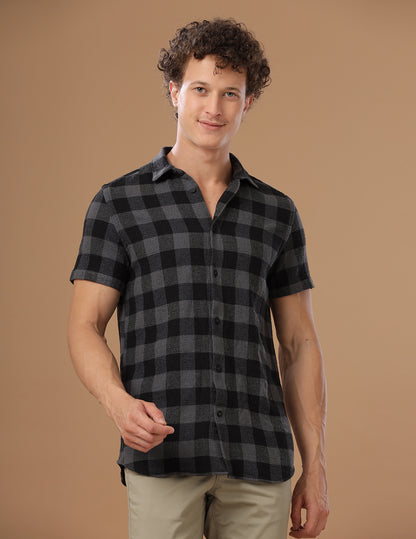 Comfort fit Cotton Checks Grey Casual Half sleeve Shirt (DEN)