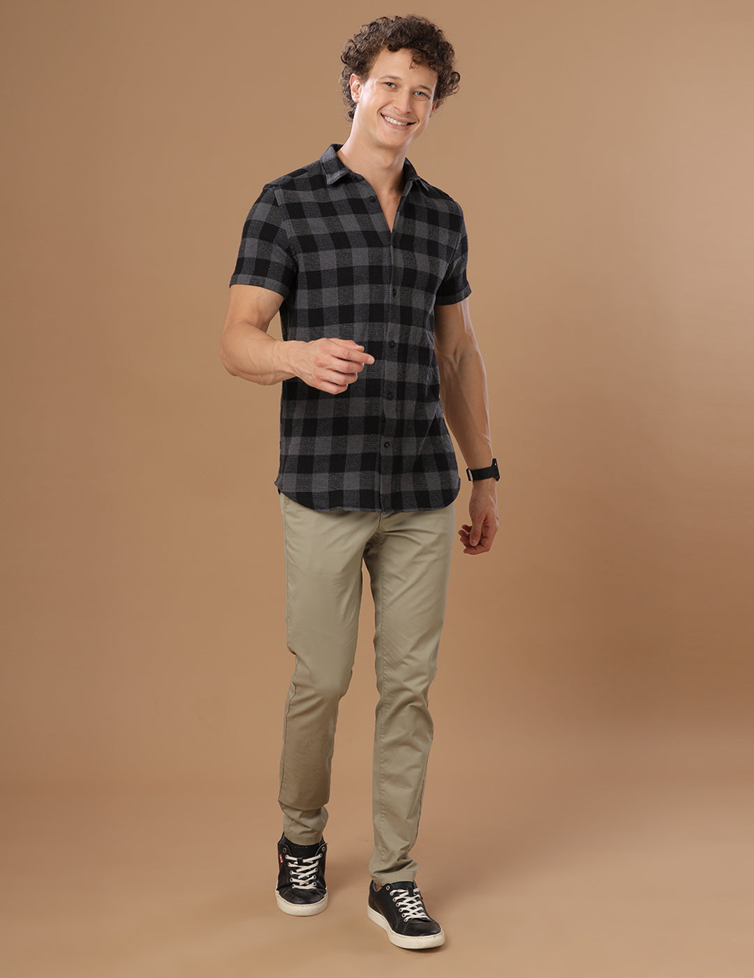 Comfort fit Cotton Checks Grey Casual Half sleeve Shirt (DEN)