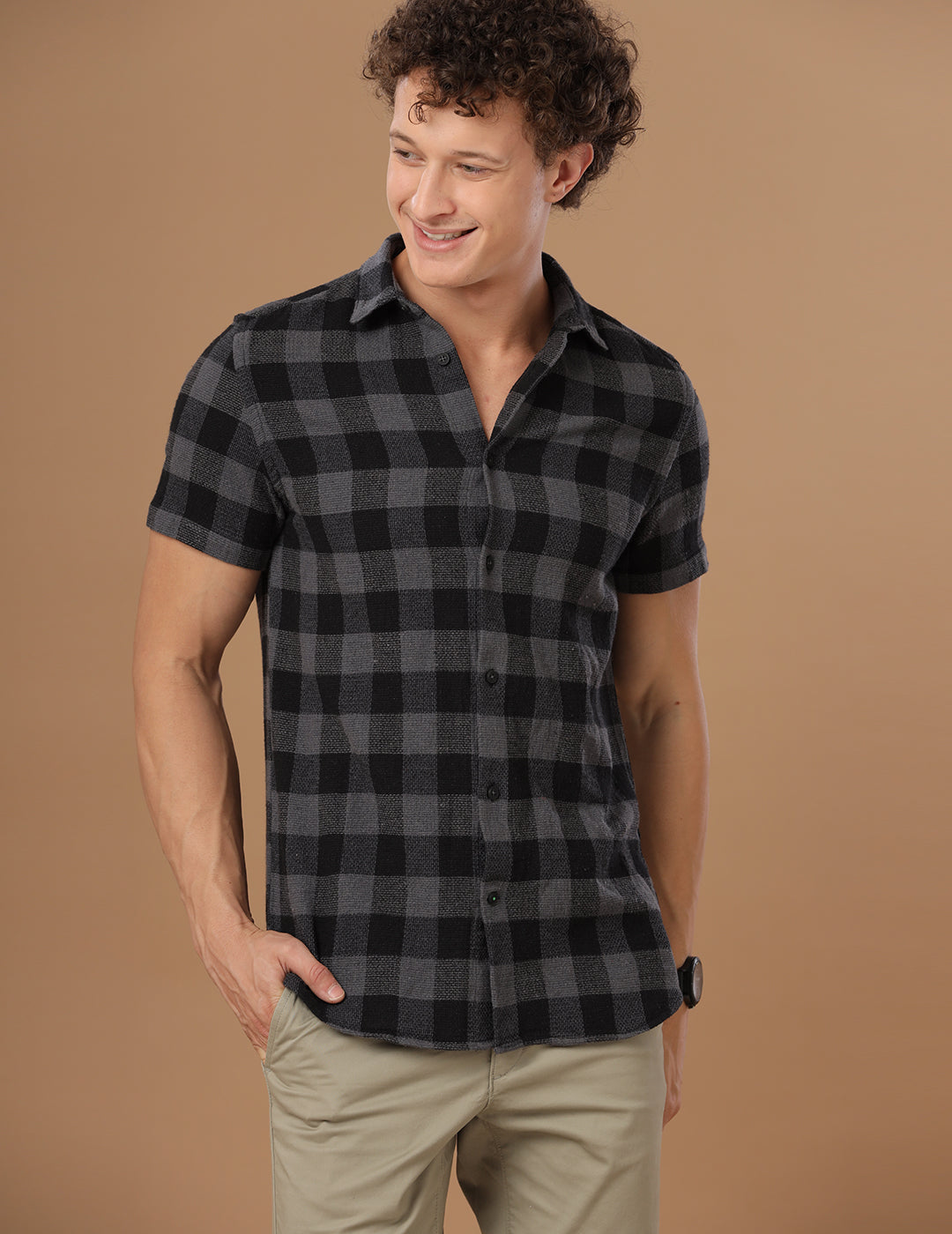 Comfort fit Cotton Checks Grey Casual Half sleeve Shirt (DEN)