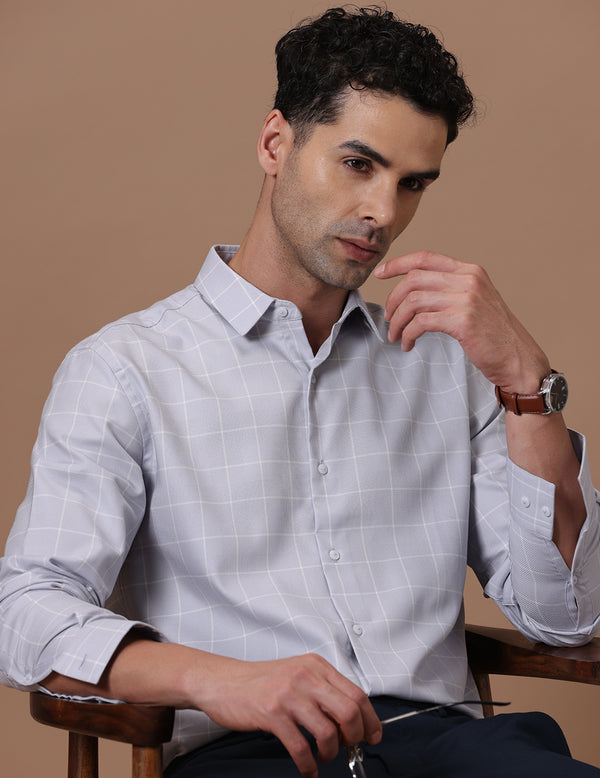 Slim Fit Check Light Ash Smart Casual Supima Cotton Shirt (MOYE)