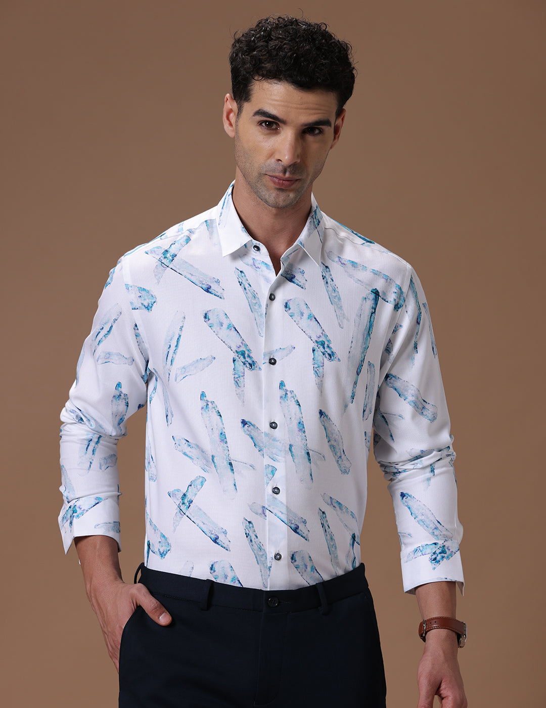 Comfort fit Cotton Viscose Printed Sea blue Smart casual Full sleeve Shirt (RUSH)