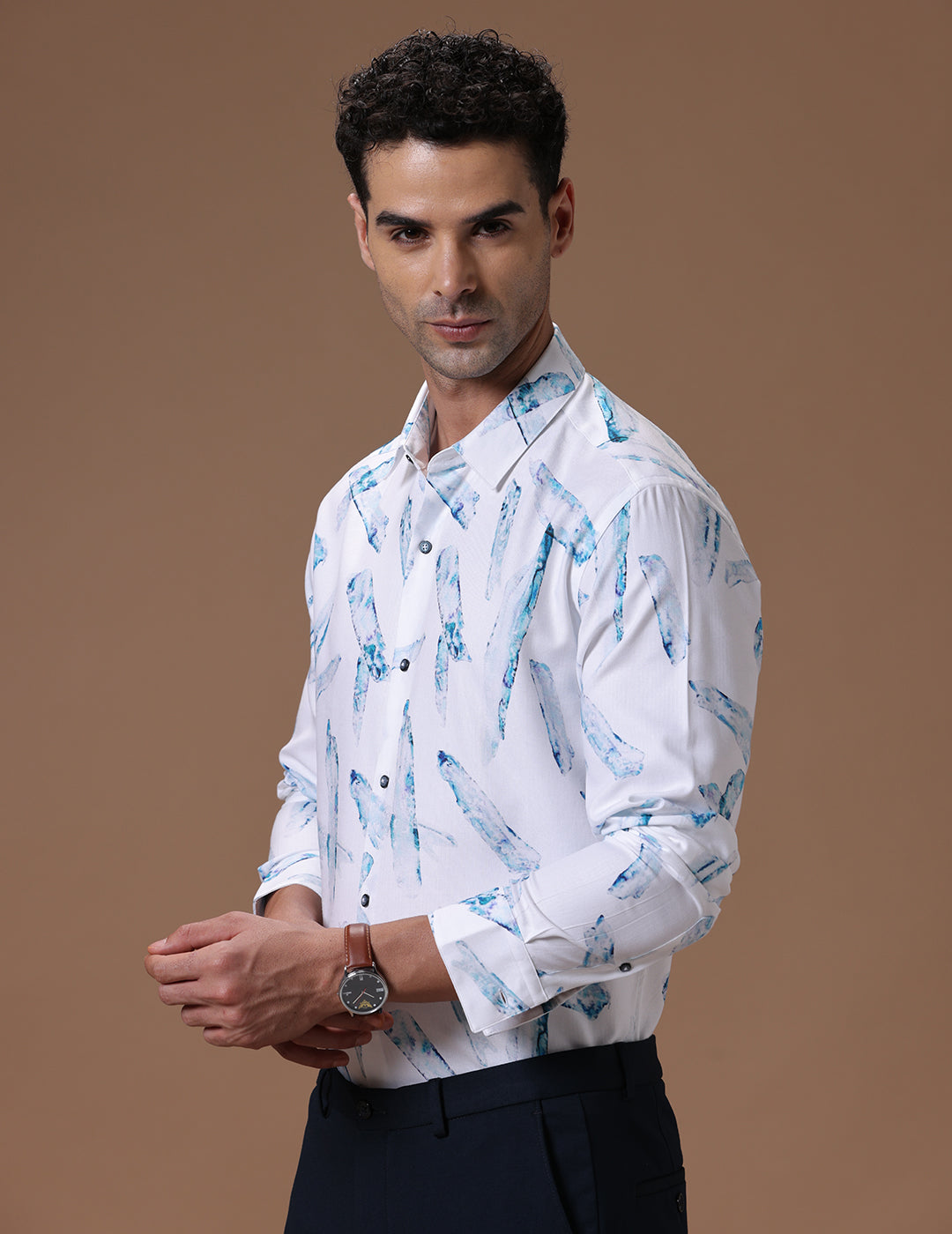 Comfort fit Cotton Viscose Printed Sea blue Smart casual Full sleeve Shirt (RUSH)