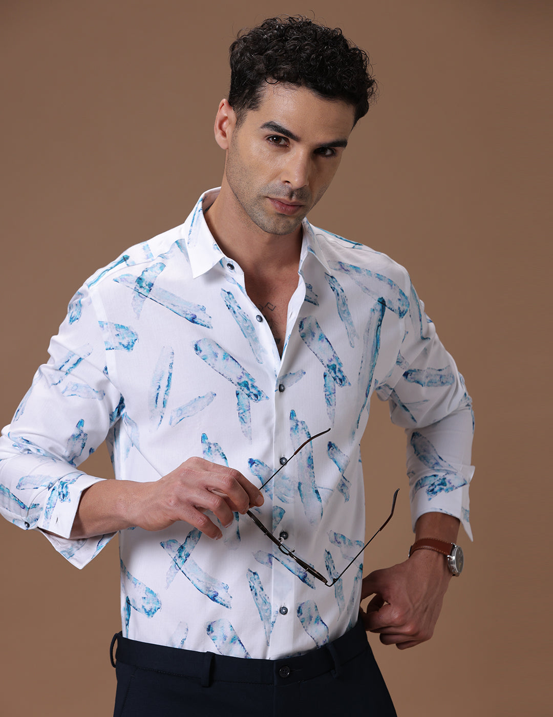 Comfort fit Cotton Viscose Printed Sea blue Smart casual Full sleeve Shirt (RUSH)