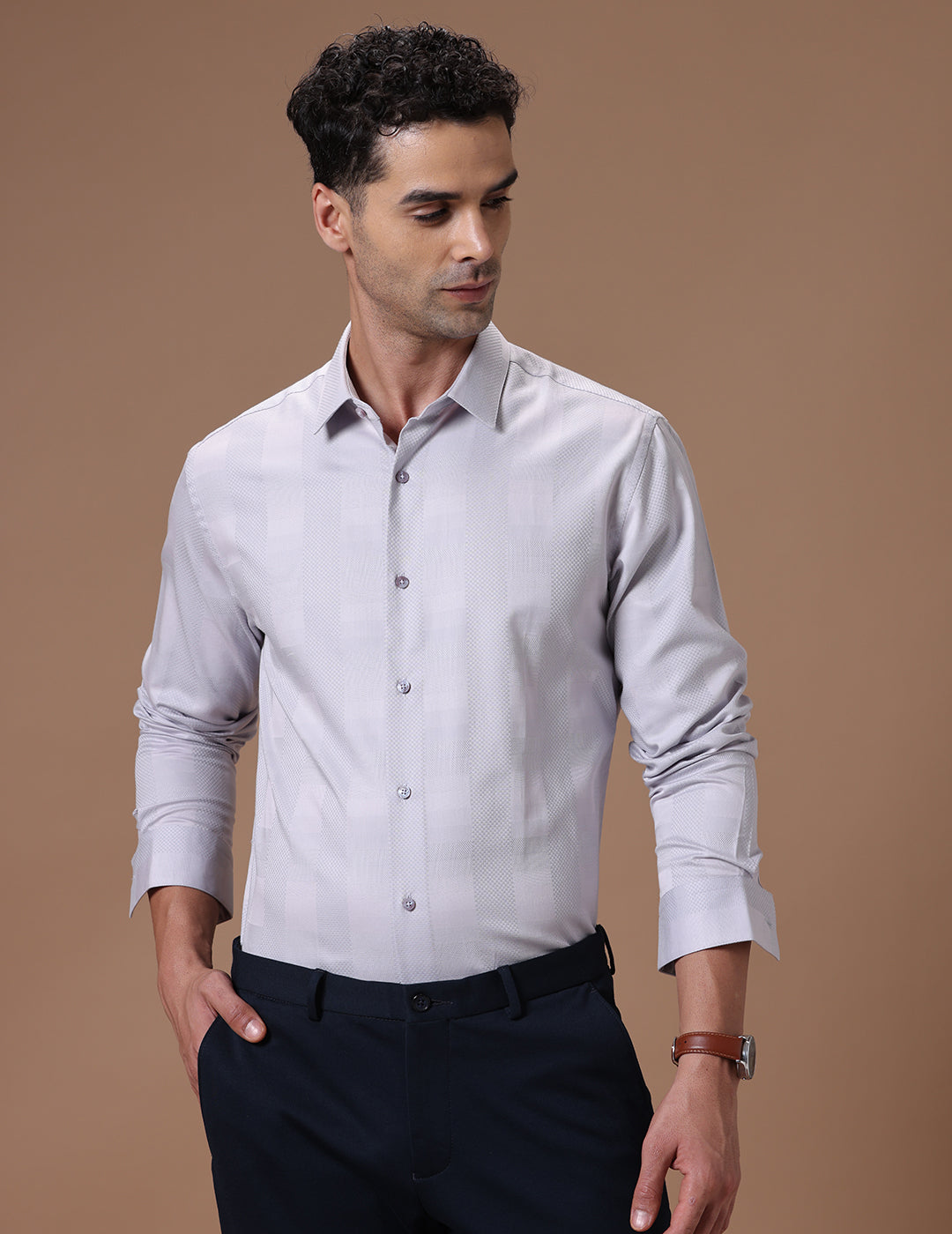 Slim Fit Check Sand Gray Smart Casual Supima Cotton Shirt (KENT)