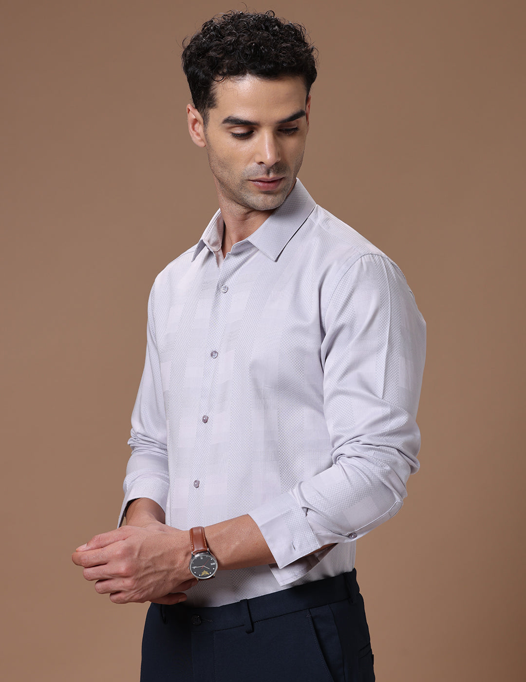Slim Fit Check Sand Gray Smart Casual Supima Cotton Shirt (KENT)