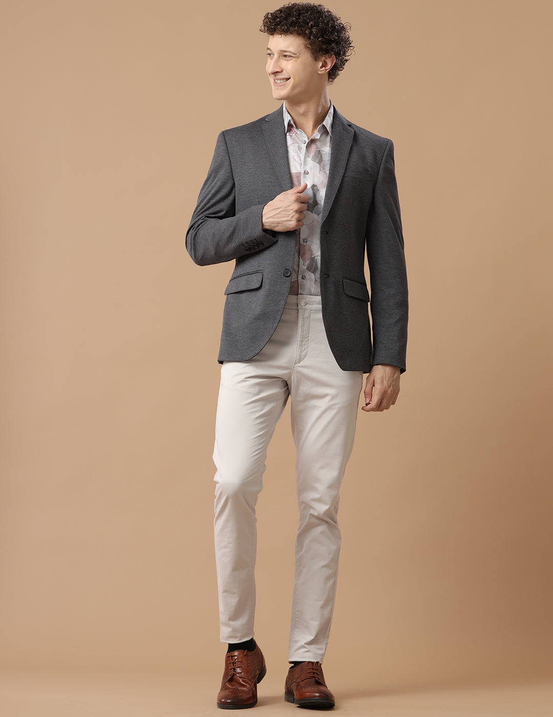 Men's Slim Fit Single Breasted Grey Textured Formal Blazer