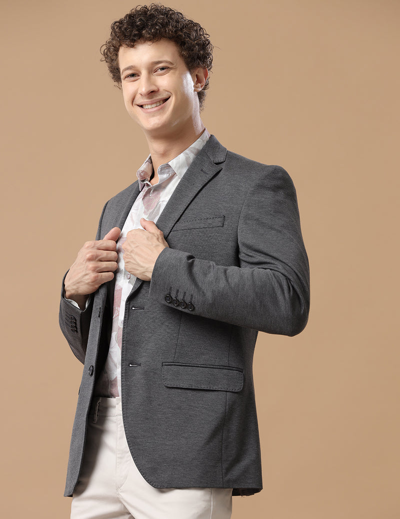 Men's Slim Fit Single Breasted Grey Textured Formal Blazer