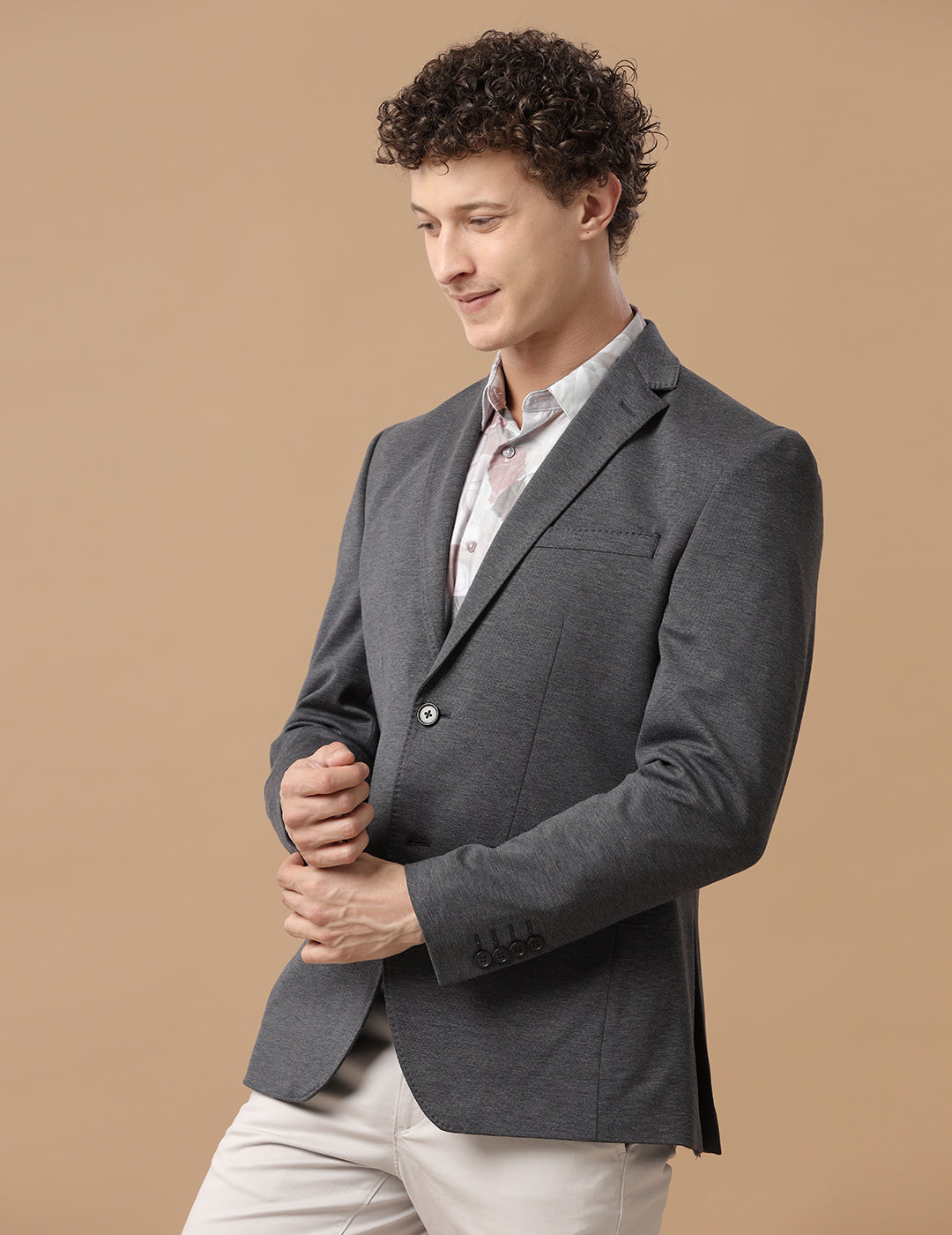 Men's Slim Fit Single Breasted Grey Textured Formal Blazer