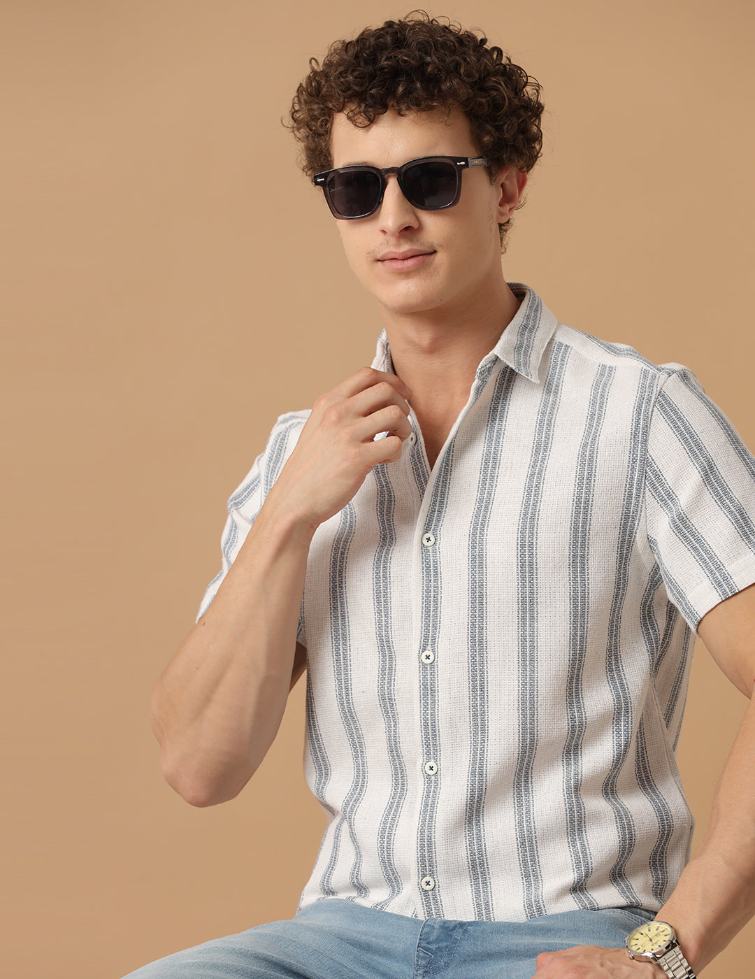 Comfort fit Cotton Stripe Aqua wide Casual Half sleeve Shirt (EDI)