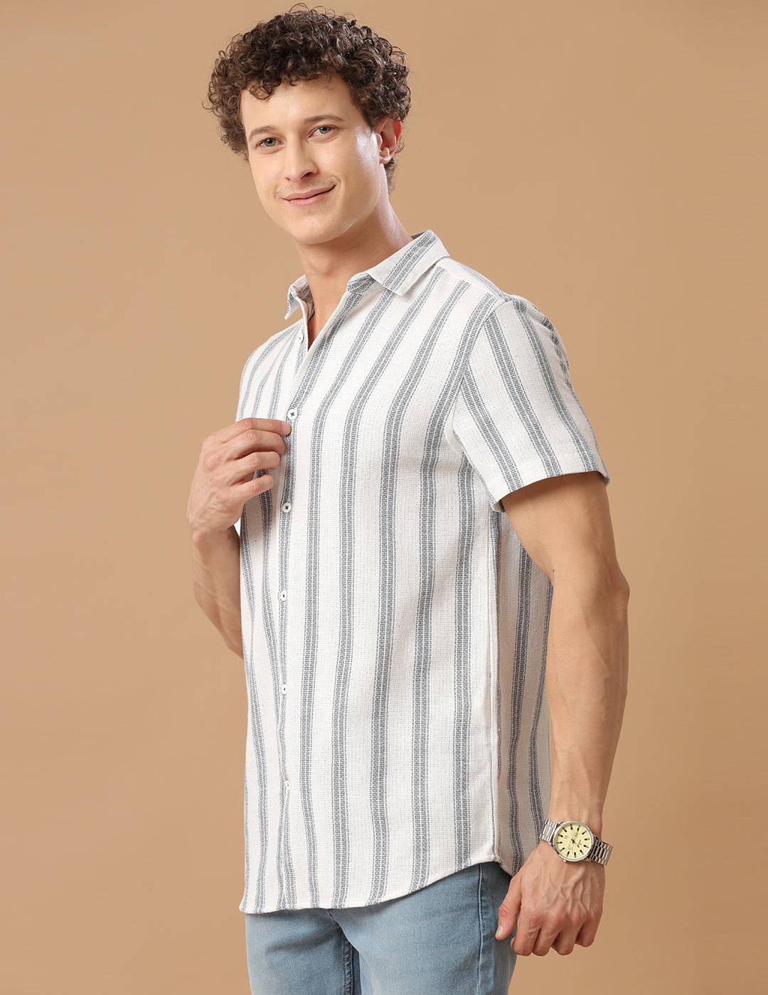 Comfort fit Cotton Stripe Aqua wide Casual Half sleeve Shirt (EDI)
