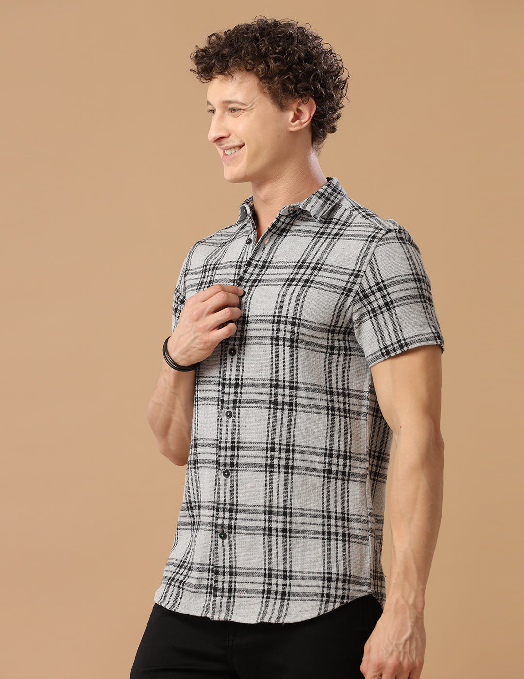 Comfort fit Cotton Checks Lt grey Casual Half sleeve Shirt (WON)