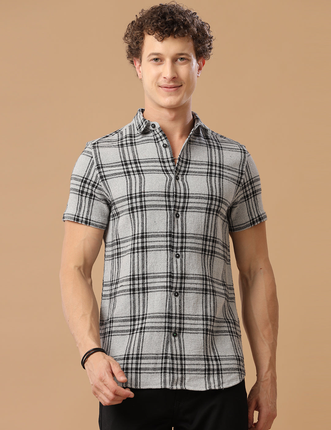 Comfort fit Cotton Checks Lt grey Casual Half sleeve Shirt (WON)