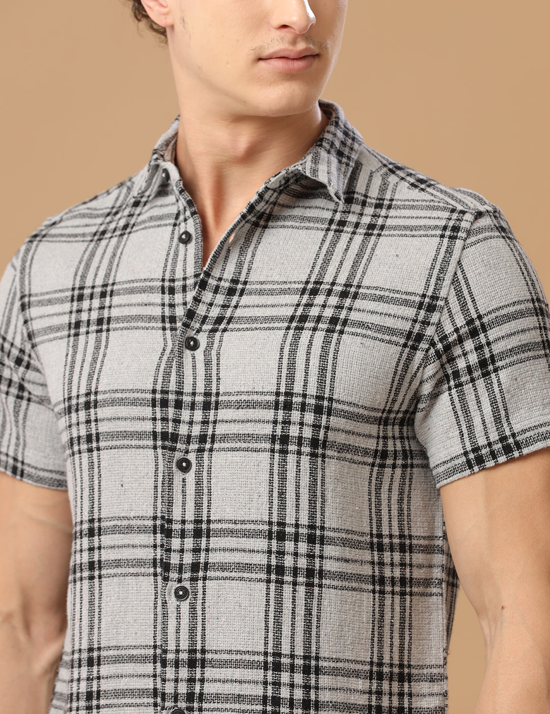 Comfort fit Cotton Checks Lt grey Casual Half sleeve Shirt (WON)