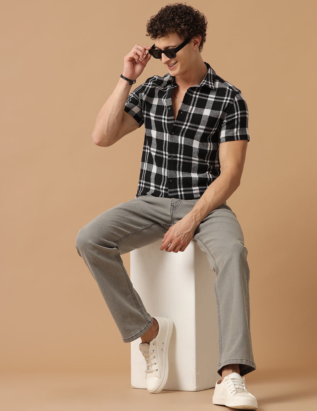 Comfort fit Cotton Checks Black Casual Half sleeve Shirt (RIZ)