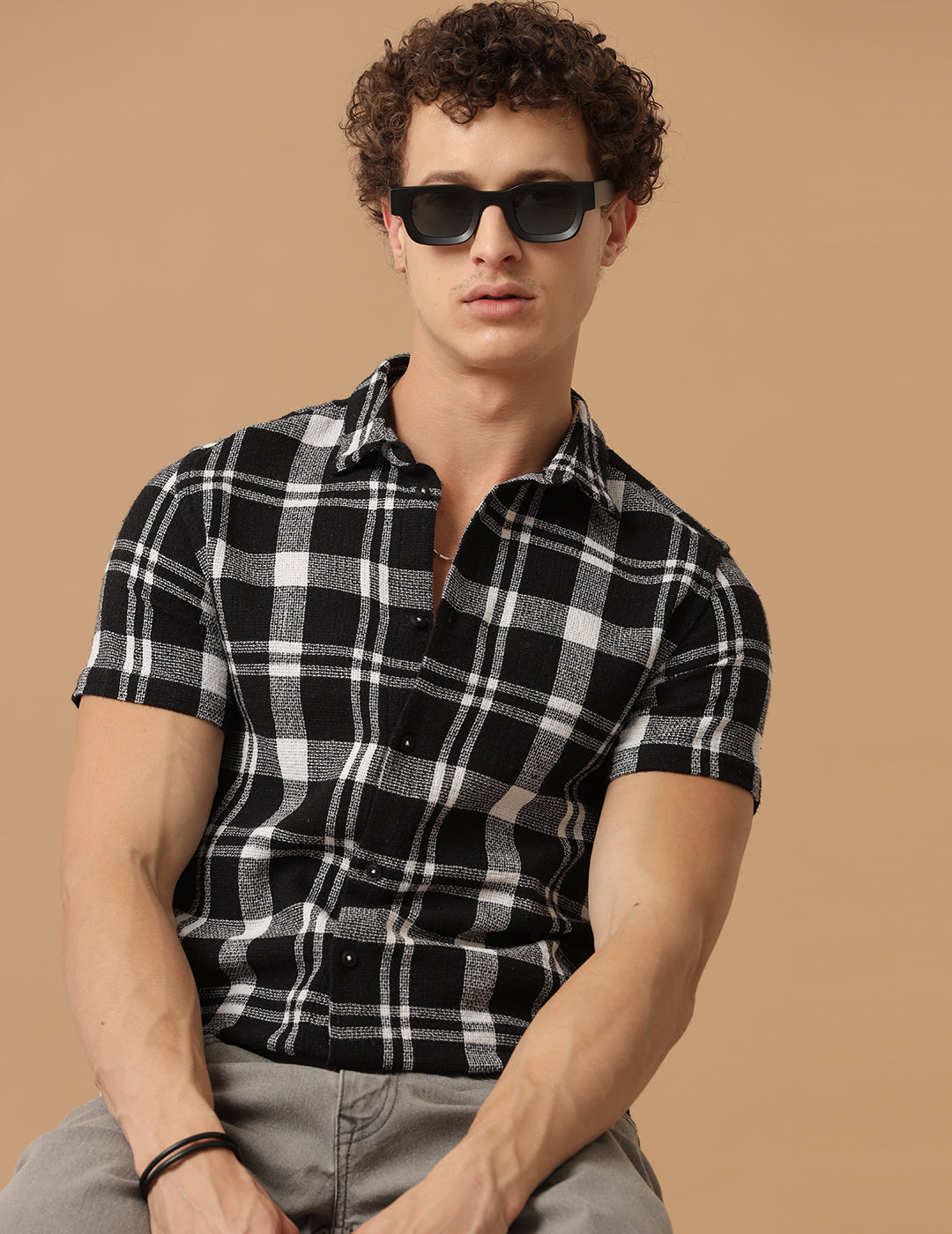 Comfort fit Cotton Checks Black Casual Half sleeve Shirt (RIZ)