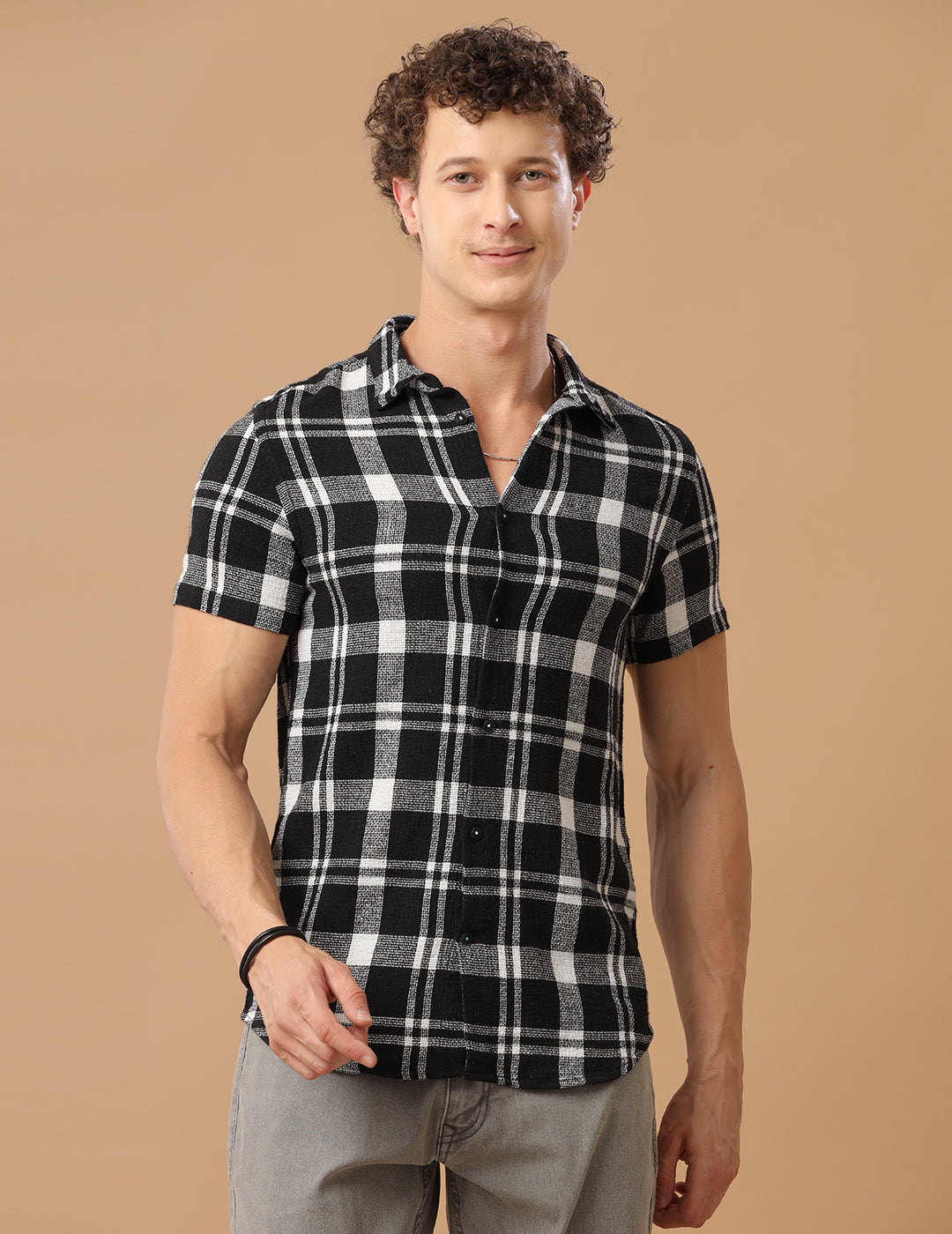 Comfort fit Cotton Checks Black Casual Half sleeve Shirt (RIZ)