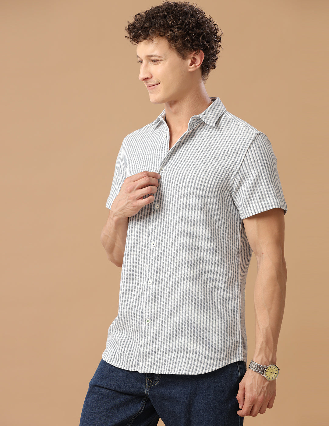 Comfort fit Cotton Stripe Aqua Casual Half sleeve Shirt (CHE)