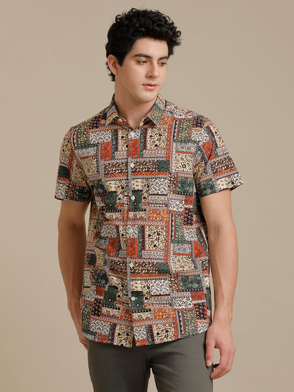 Orange Green Block Print Short Sleeve Shirt