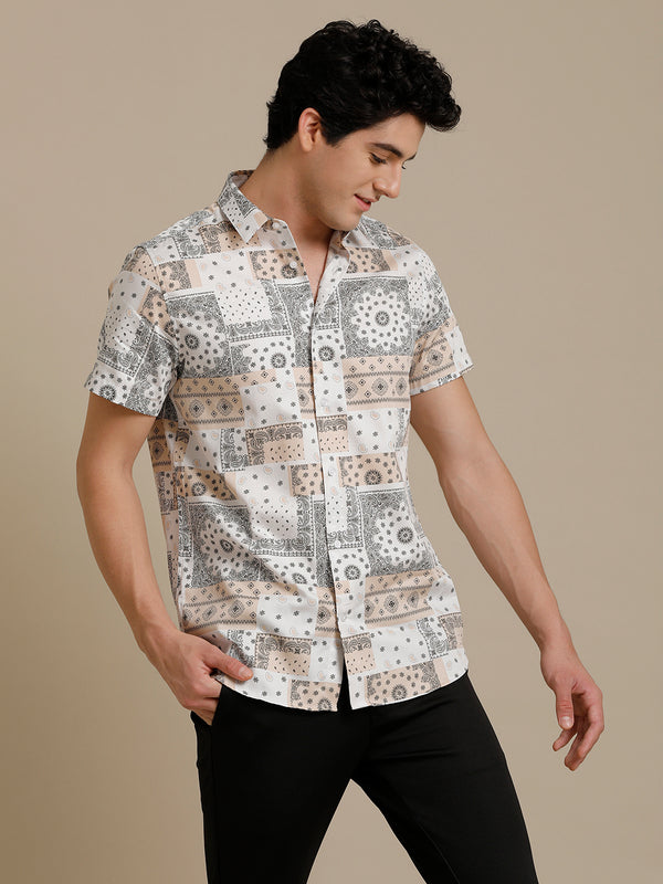 Beige White Block Print Short Sleeve Shirt