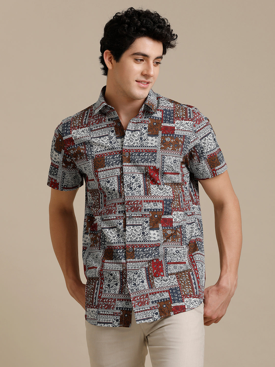 Blue Red Block Print Short Sleeve Shirt