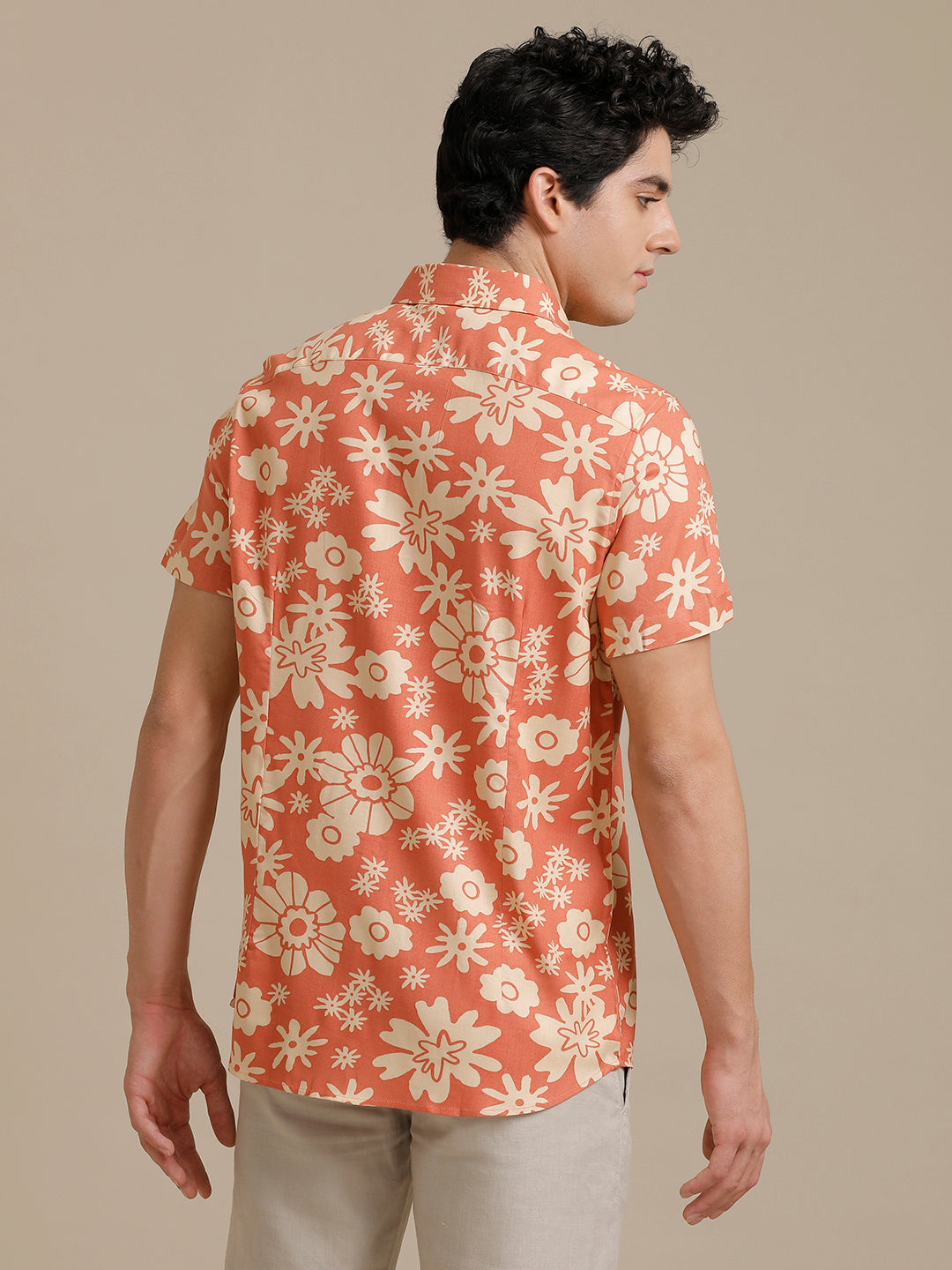 Orange Flower Print Short Sleeve Shirt