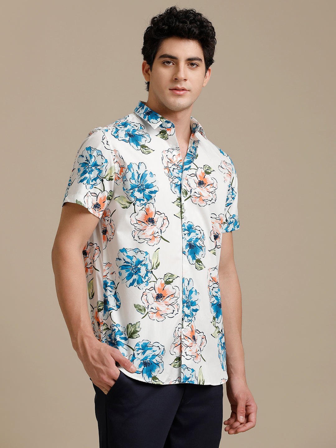 Blue Orange Hibiscus Short Sleeve Shirt