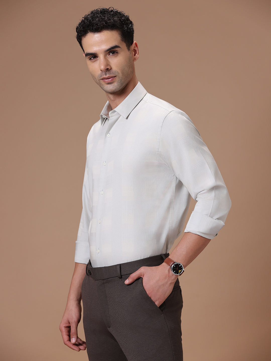 Slim Fit Check Chintz Cream Smart Casual Supima Cotton Shirt (RISH)