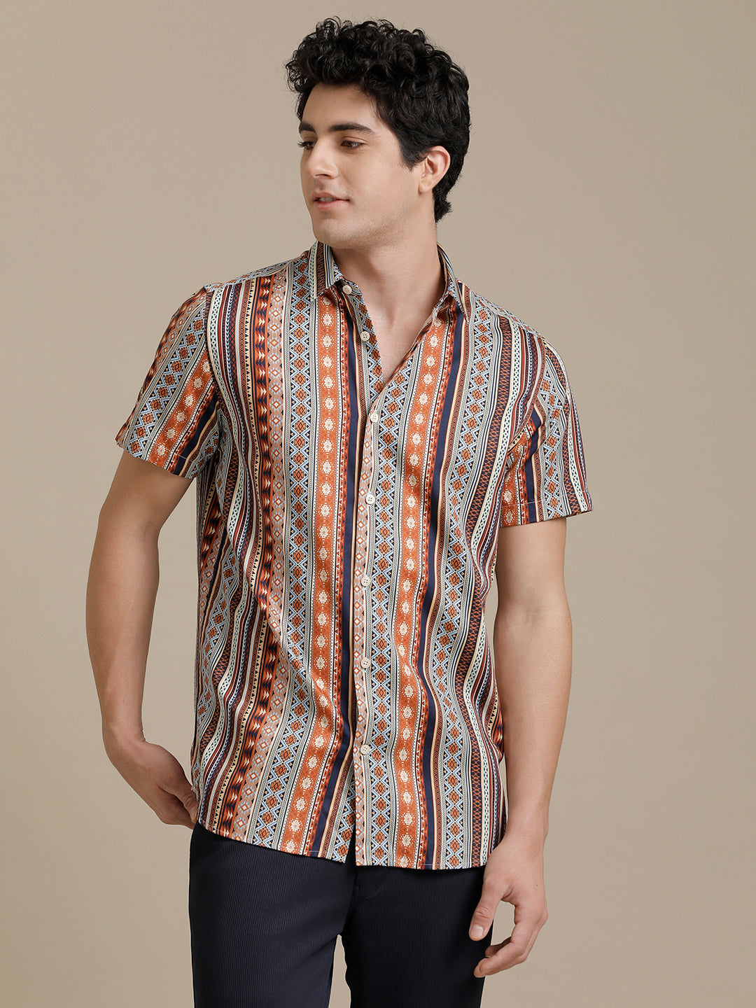 Abstract Multi Stripe Print Short Sleeve Shirt