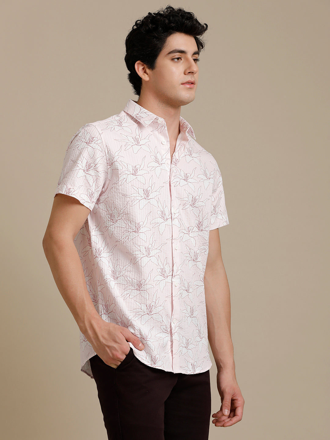 Seer Pink Hibiscus Print Short Sleeve Shirt