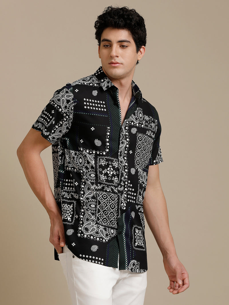 White On Black Print Short Sleeve Shirt