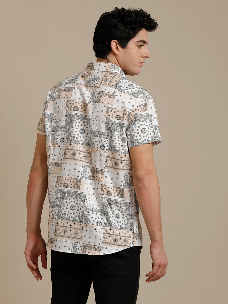 Beige White Block Print Short Sleeve Shirt