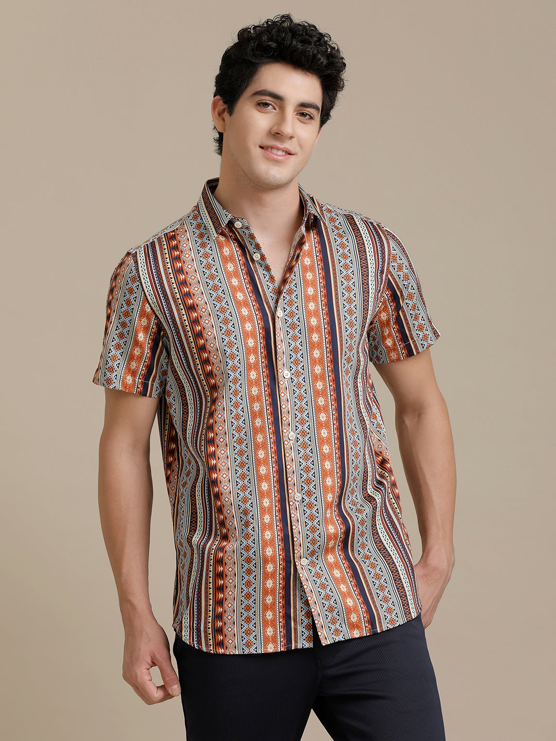 Abstract Multi Stripe Print Short Sleeve Shirt