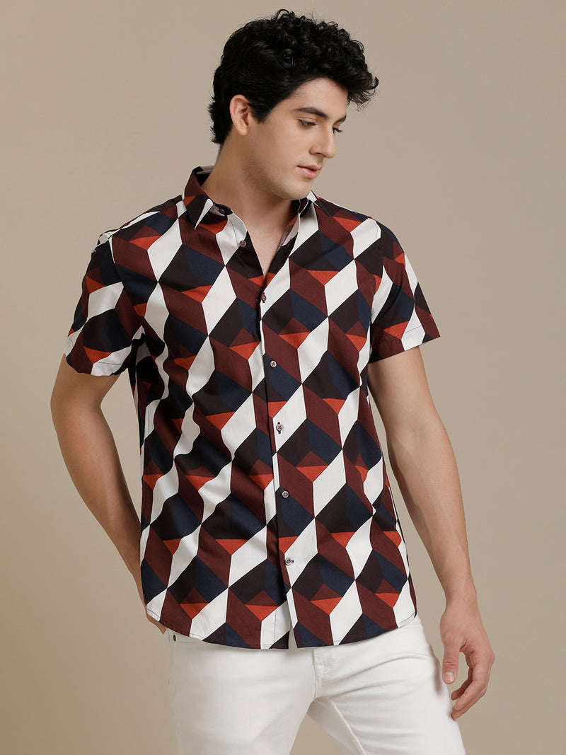 Rust Abstract Print Short Sleeve Shirt