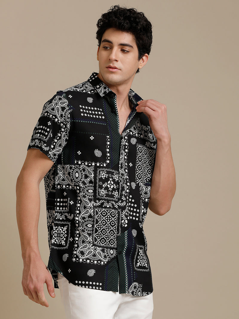 White On Black Print Short Sleeve Shirt